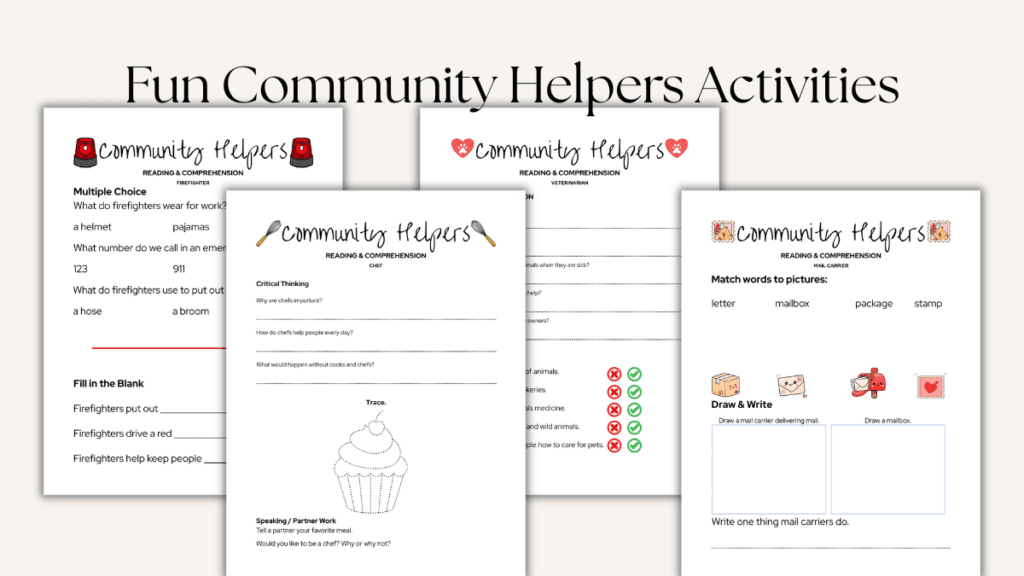 Community Helpers Activities for Preschool and Kindergarten. Basic comprehension questions, True or false activities, Multiple choice questions, Fill in the blank sentences, Word to picture matching, Draw and write prompts, Critical thinking questions
