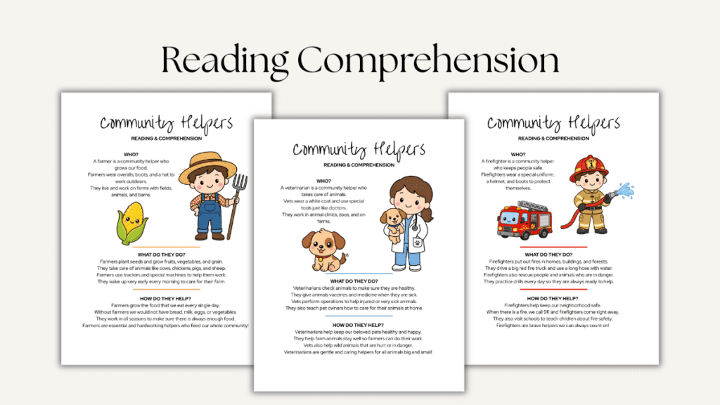 Community Helpers Reading Comprehension for Kindergarten and First Grade. Farmer, Veterinarian, Firefighter