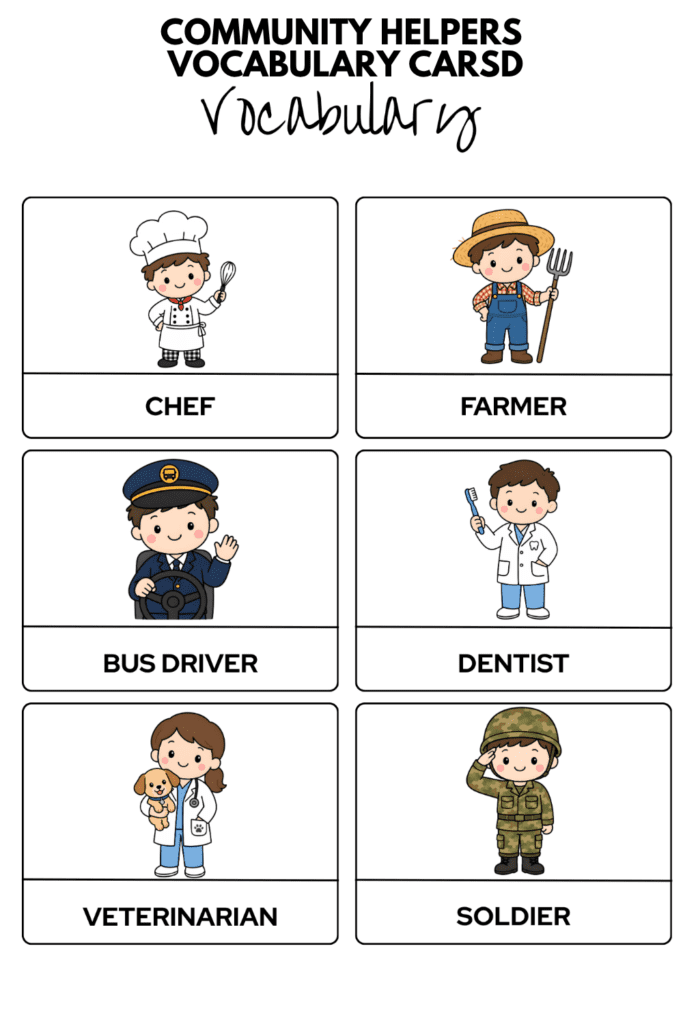 Community helpers flashcards, professions vocabulary cards including chef, farmer, bus driver, dentist, veterinarian, soldier