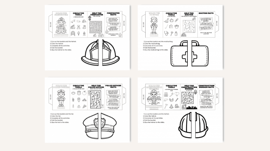 Firefighter foldable craft, doctor accordion paper craft, police officer accordion mini book template, construction worker accordion activity book