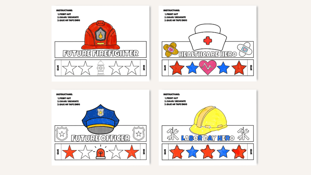 Firefighter helmet paper crown template, police officer paper crown template, construction worker helmet paper crown template, nurse headband paper crown template