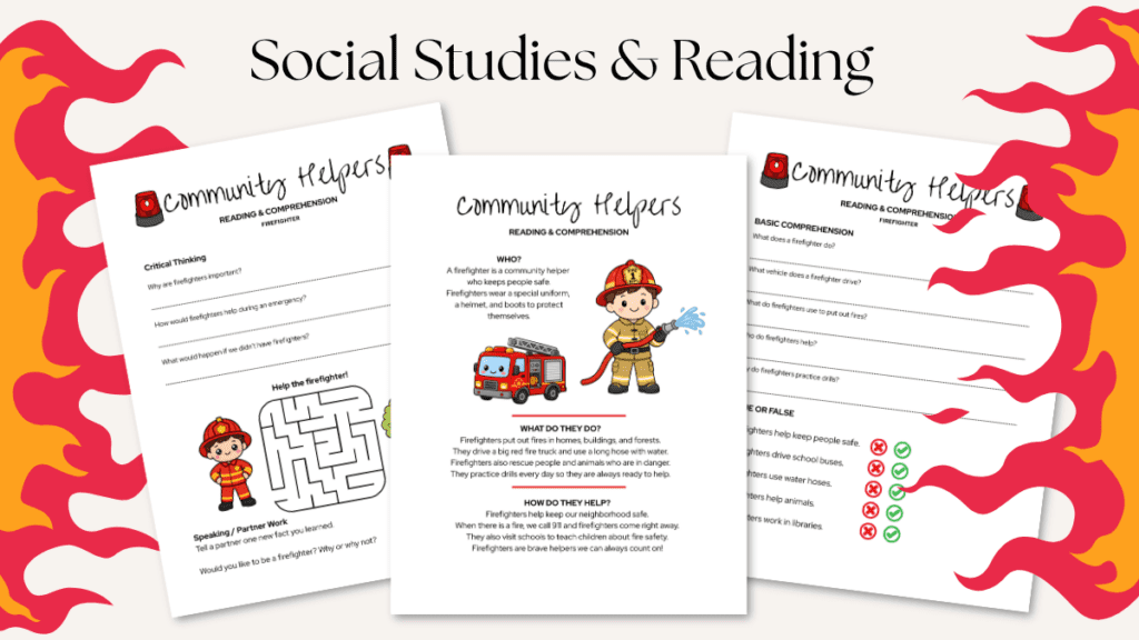 Firefighter unit study pages, social studies, literacy, writing prompts, critical thinking