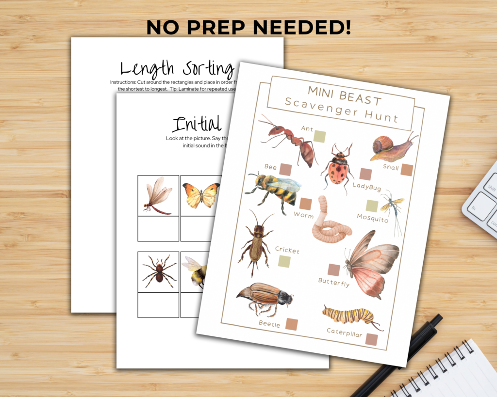Insect unit study, mini beast scavenger hunt, pages on a table
