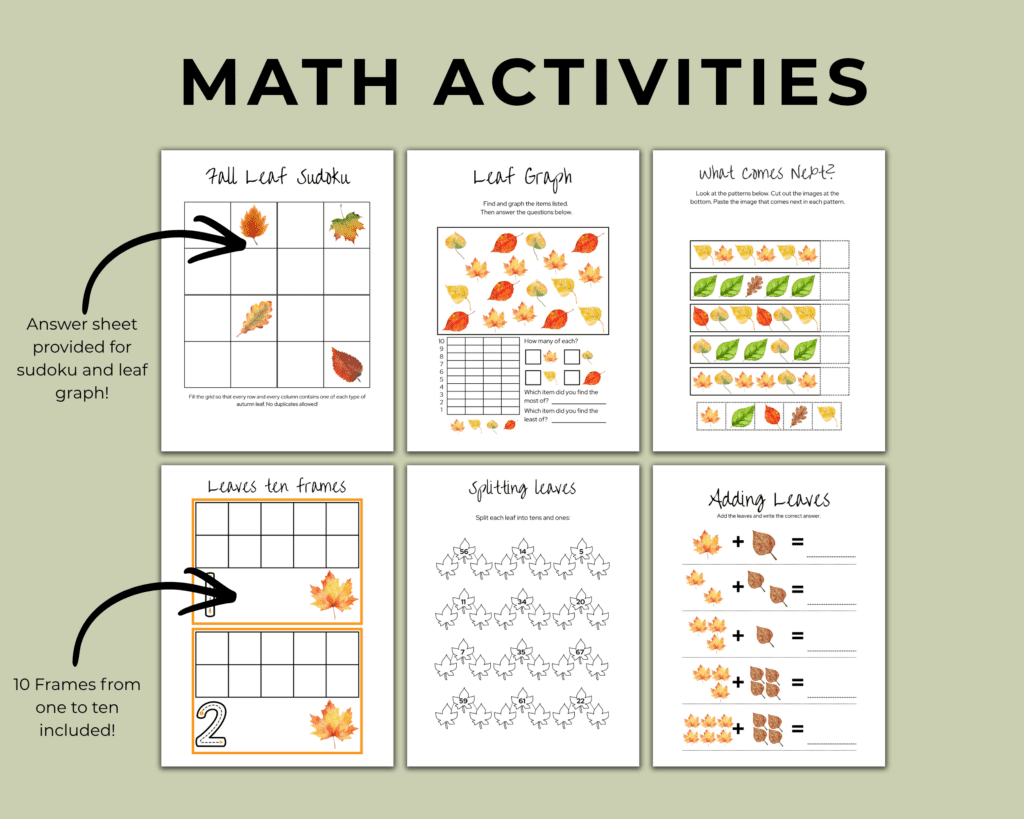 Examples of leaf unit study math activity pages