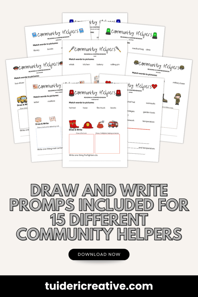 word and picture matching, drawing prompts for community helpers