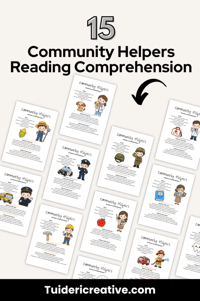 Community Helpers, farmer, bus driver, vet, police officer, construction worker, soldier, teacher, chef, doctor, librarian, firefighter, dentist reading pages