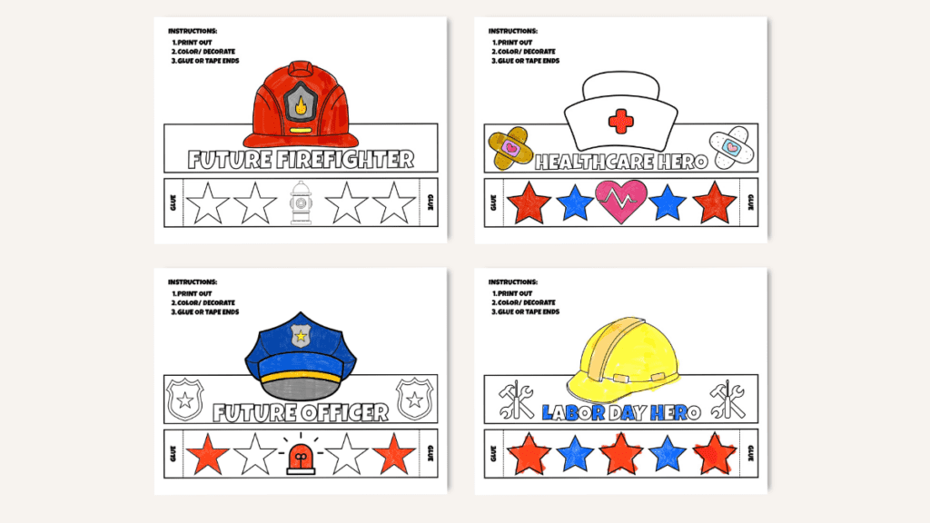 community helpers paper crown templates, firefighter helmet headband, nurse cap paper hat, police officer paper crown, construction worker helmet paper hat