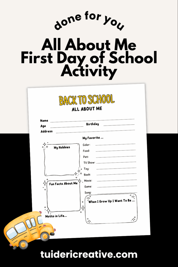 All about me activity for first day of school