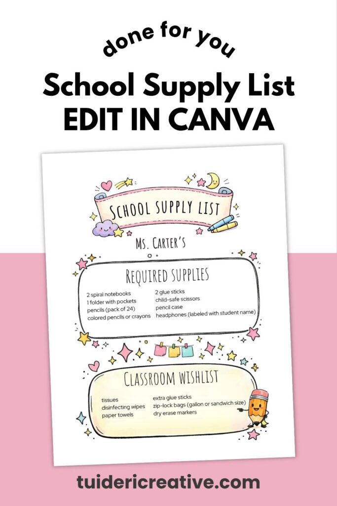 Editable school supply list