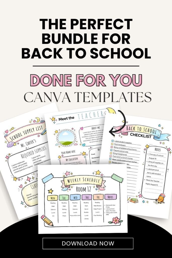 Meet the teacher template canva, editable back to school check list, school supplies list, weekly schedule