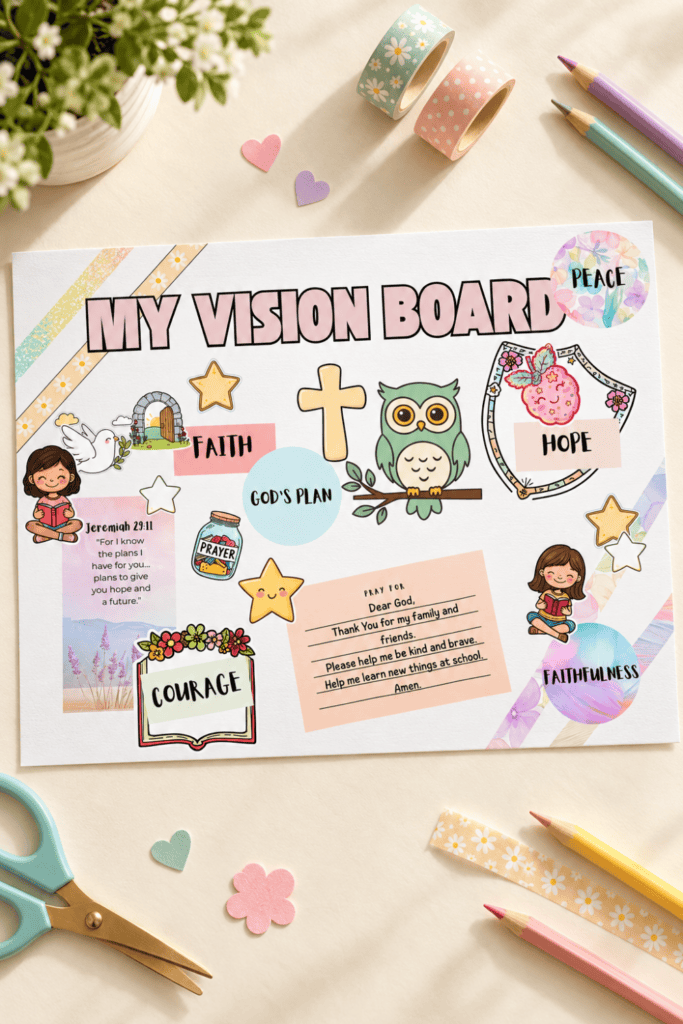 Christian kids vision board printable with Bible story pictures and faith words