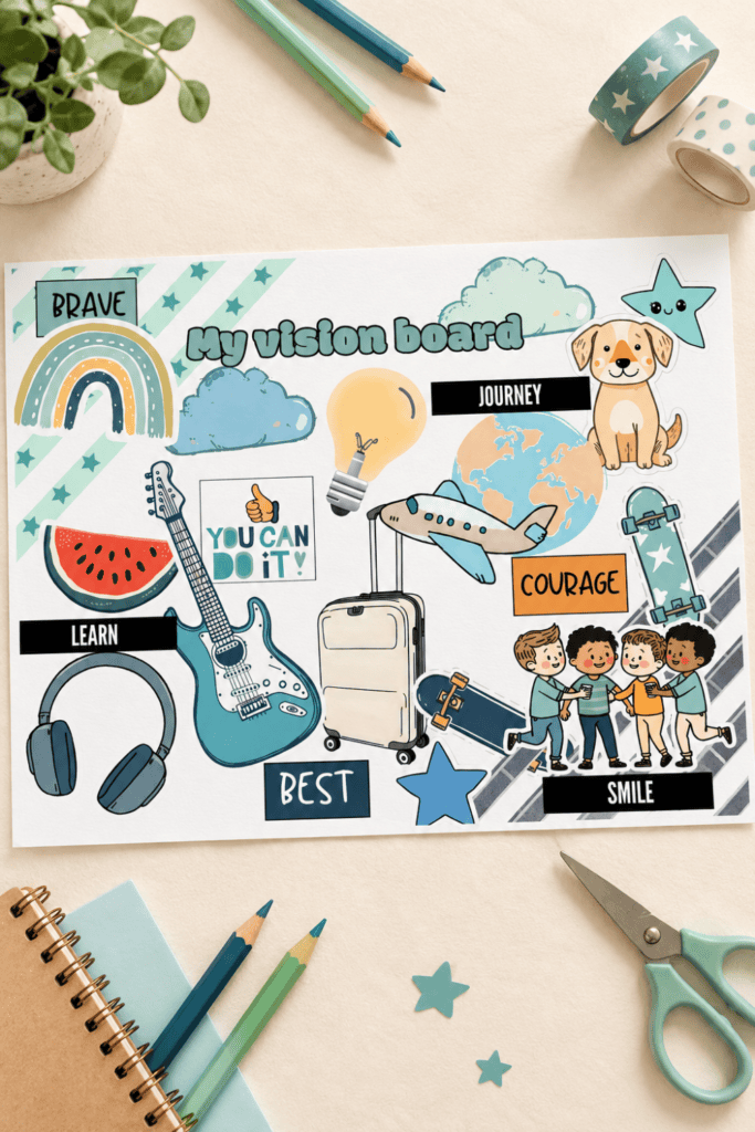 blue printable kids vision board with sports, music, and travel pictures