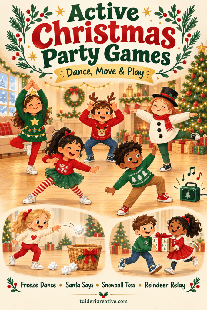 kids playing an active Christmas party game indoors