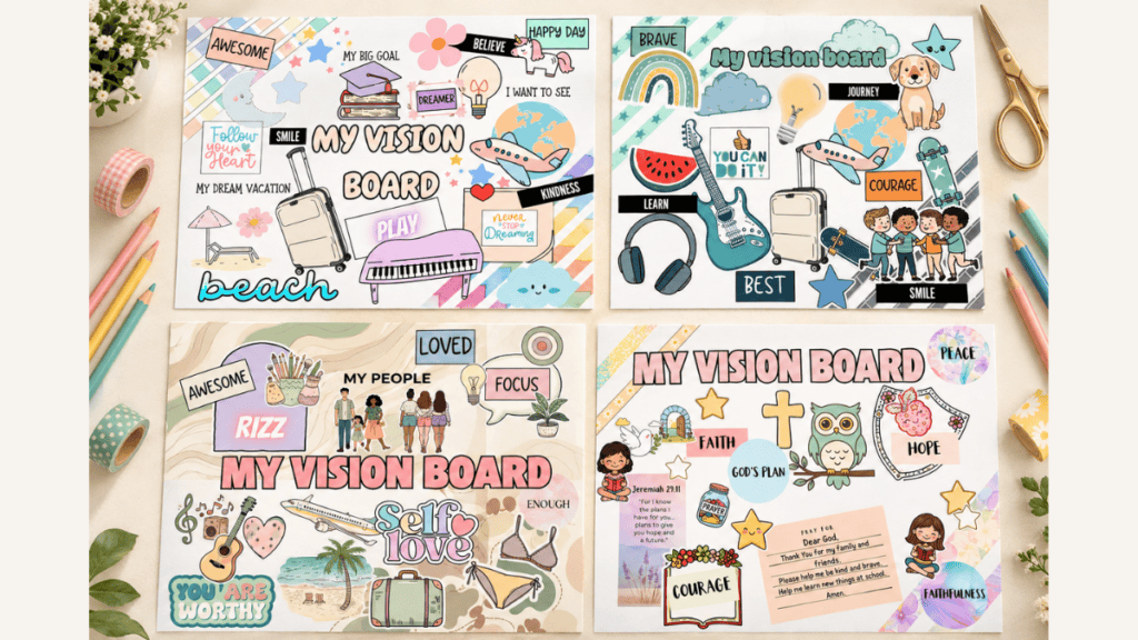 four printable kids vision board kits in pink, blue, teen and Christian versions