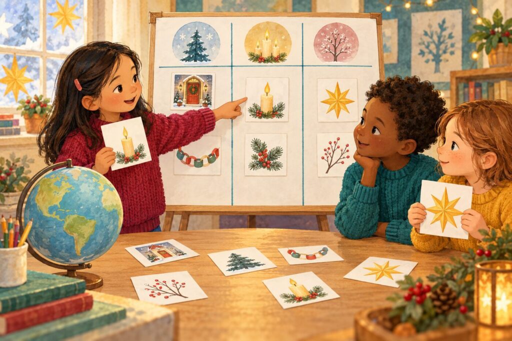 Children sorting picture cards to compare Christmas traditions