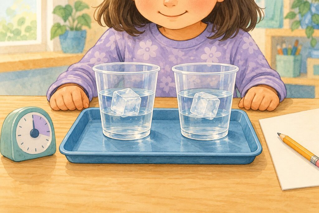Two clear cups with water and ice cubes on a blue tray beside a timer and observation paper