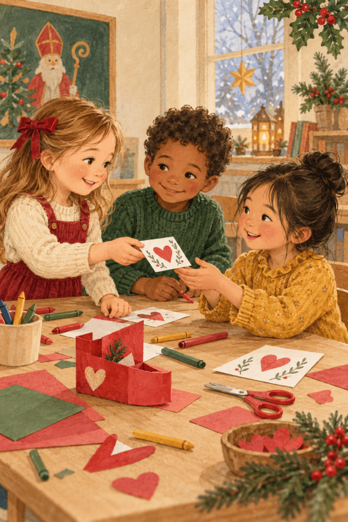 Illustrated children making and sharing handmade kindness cards at a classroom table