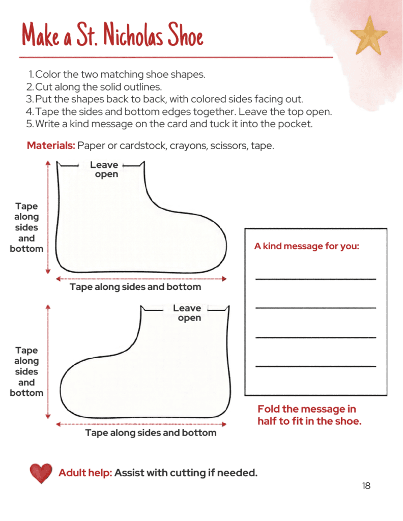 St. Nicholas paper shoe craft worksheet with two shoe templates, assembly instructions and a kindness message card