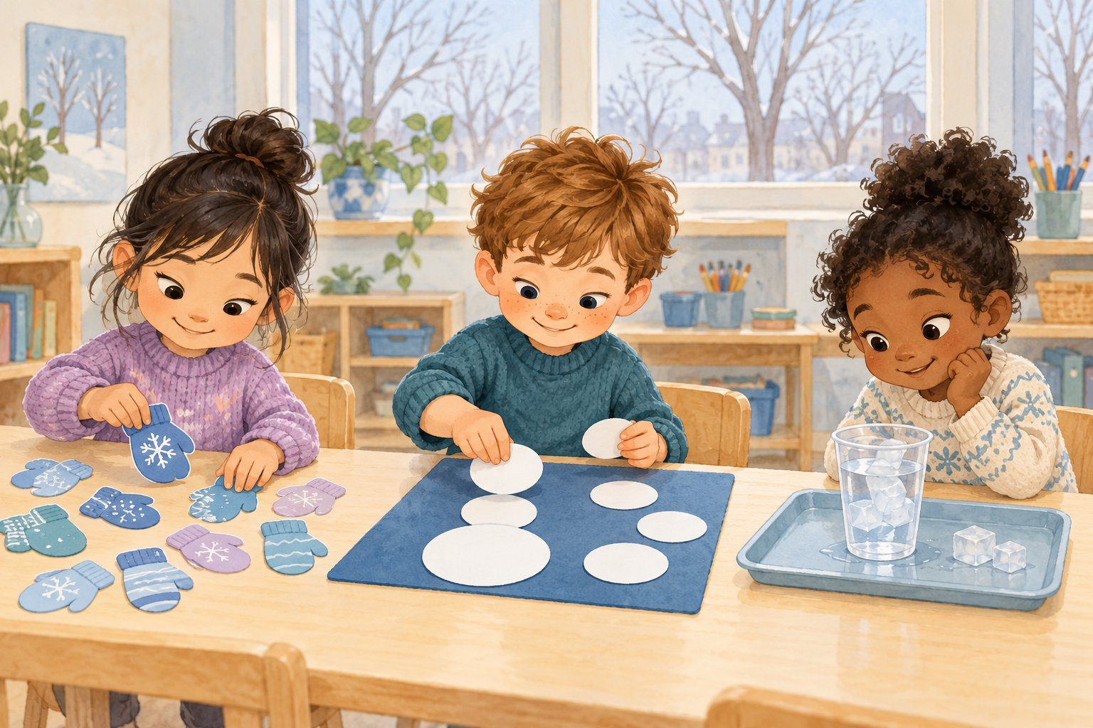 Illustrated children sorting paper mittens, building paper snowmen and observing ice at a classroom table