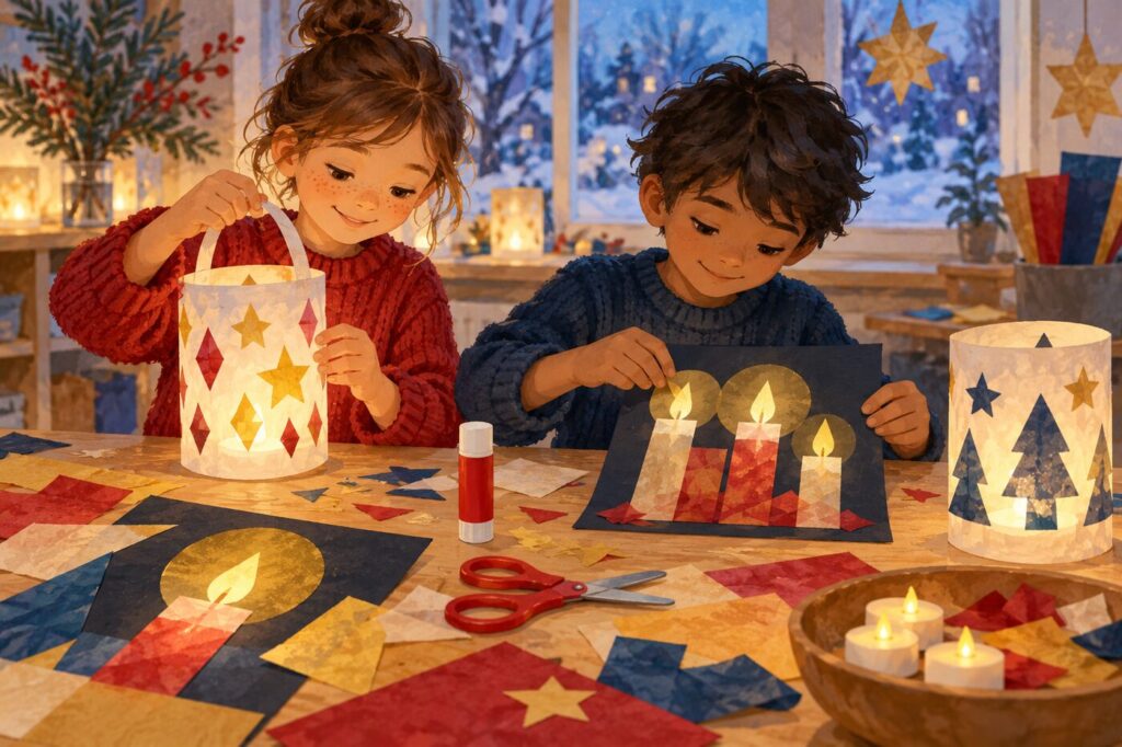 Children making paper lanterns and candle collages with battery lights. Cute Christmas Around the World Activities