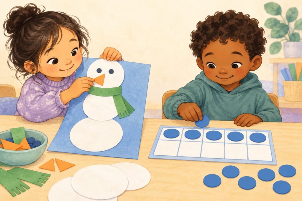 Illustrated children building a paper snowman and counting blue paper counters on a ten-frame